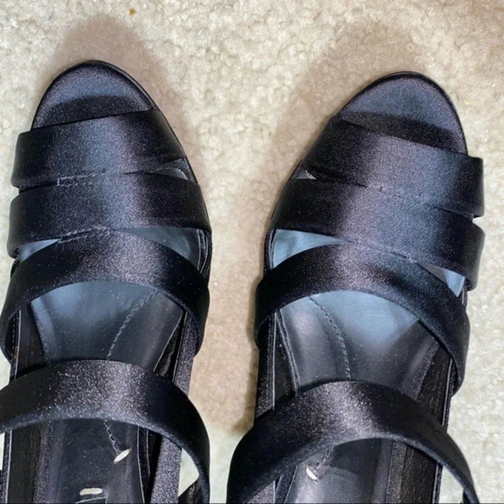 Strappy Black Satin Designer Playform Heels in 10